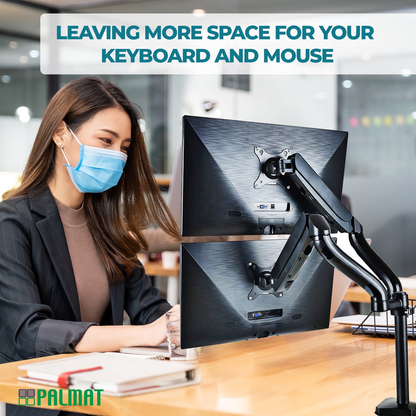PALMAT® Dubbele Monitor Arm – Metalen Beeldscherm Beugel – Monitorarm - 2 Schermen - Kantelbaar, Draaibaar en Wendbaar – Thuiswerken - 17 tot 27 Inch - Zwart