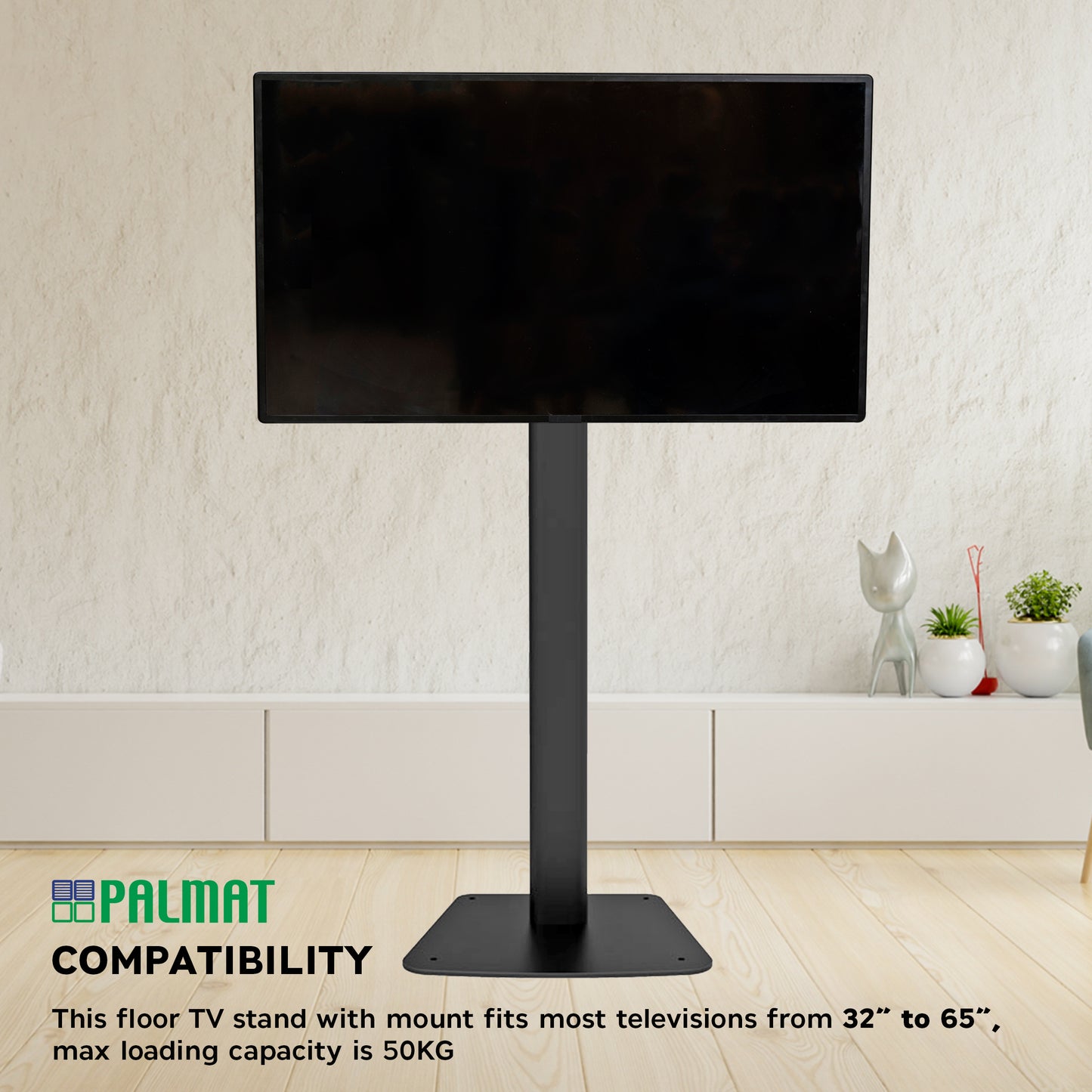 PALMAT Universal Floor TV Stand with Mount and Wire Management | Adjustable Television Stand for 32” to 65” Telly, Max 50KG