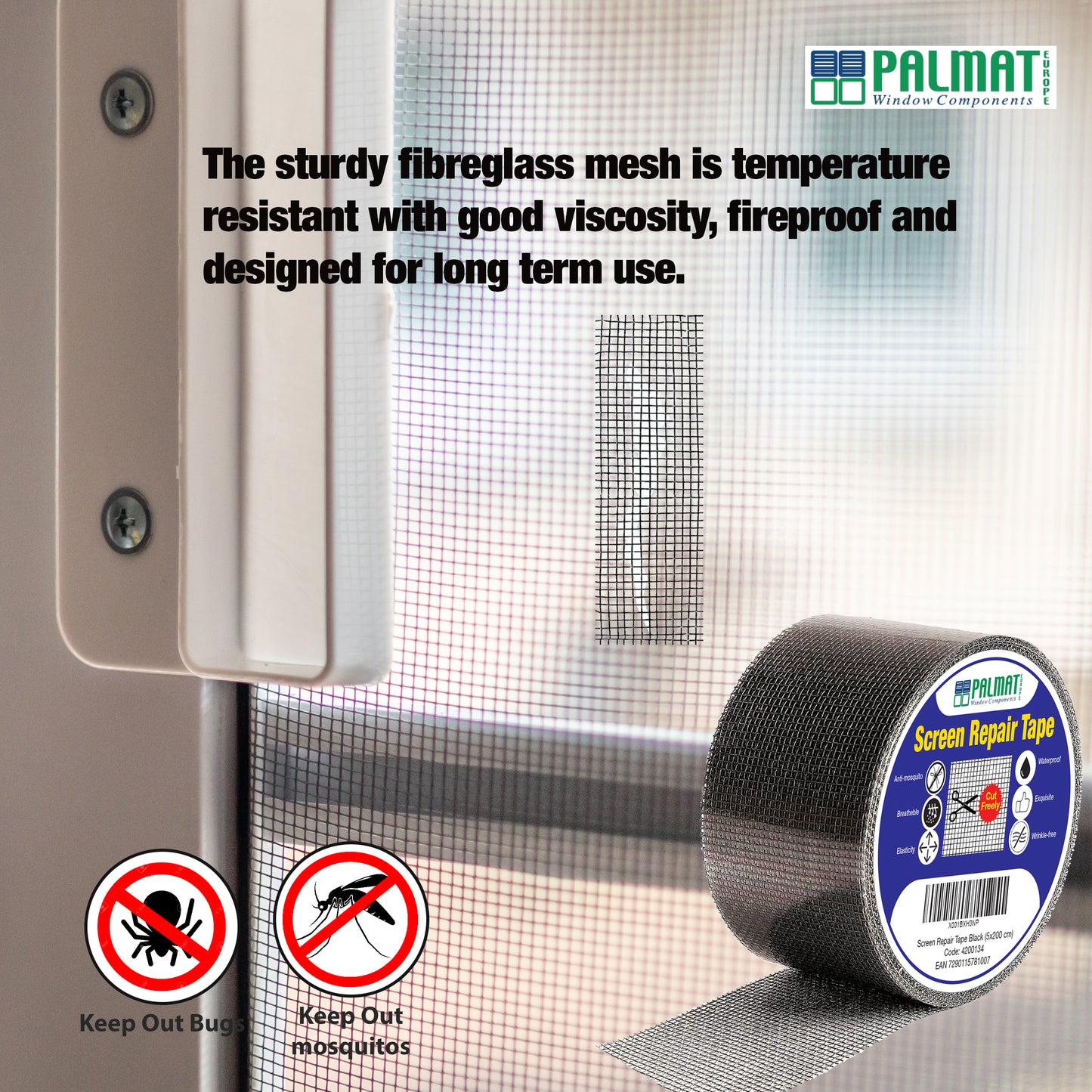 PALMAT Fly Screen Patch Repair Kit for Insect, Patches and Covering Holes & Tears Instantly, Waterproof and Heat Resistant for Outdoor and Indoor Use, 5 x 200cm