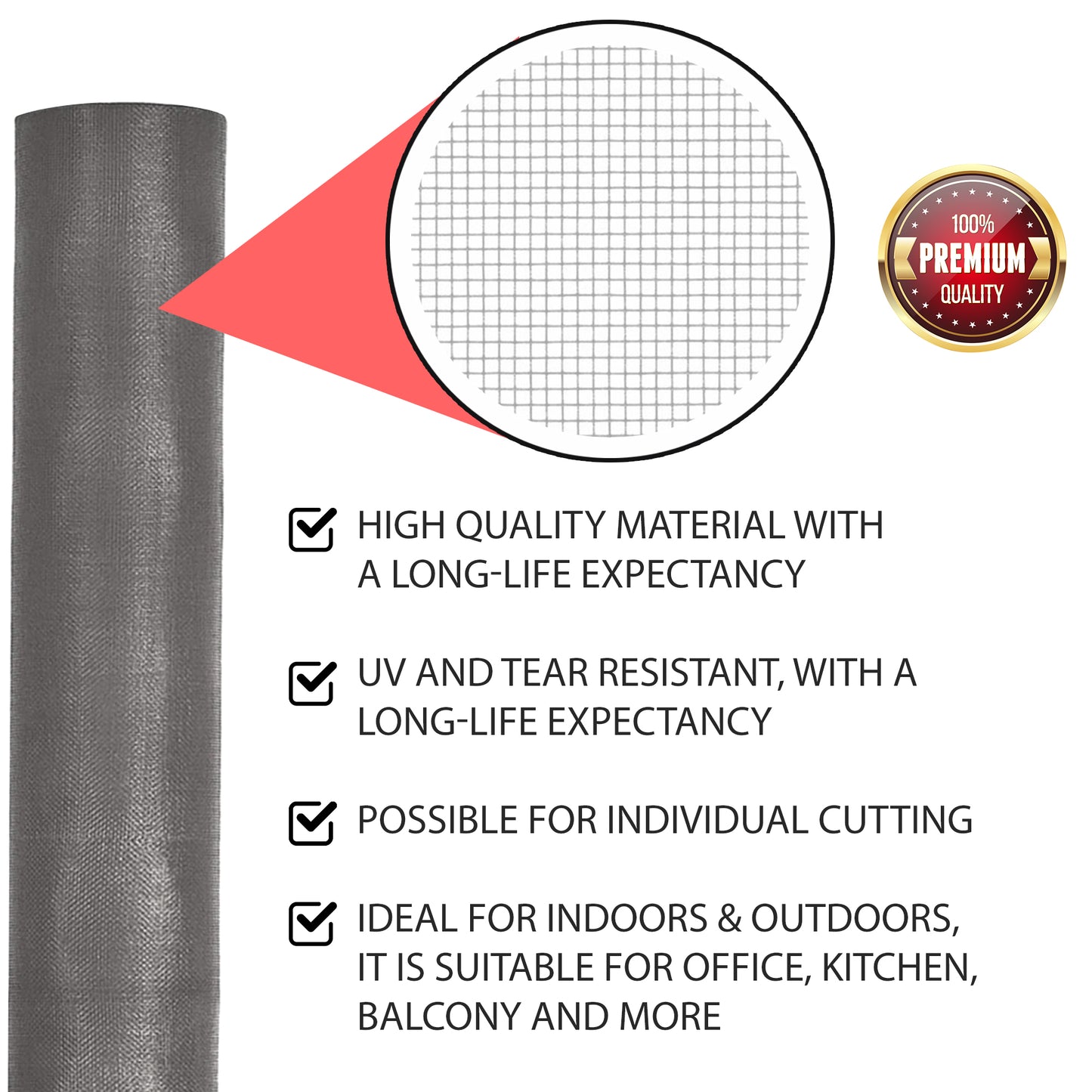 PALMAT Grey Fiberglass Insect Screen, Keep Out Bugs, Flies, Mosquitoes - for Windows and Doors, Internal and External Installation