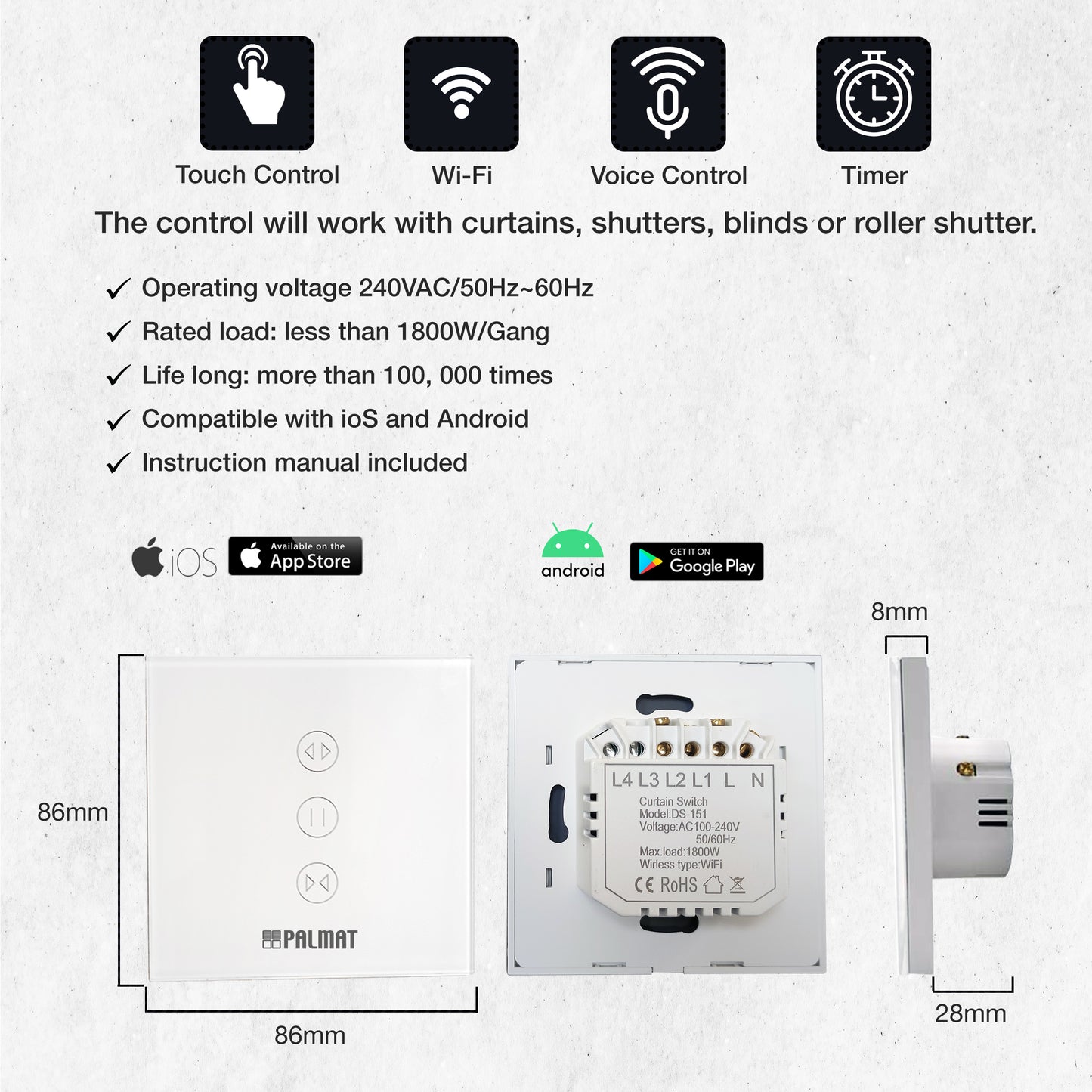 PALMAT Smart Package with Curtain Switch Remote Control and Voice Control for Motor Door, Shutters or Blinds Switch Compatible with Alexa and Google Home with App Plus Tubular Motor for Roller Shutters