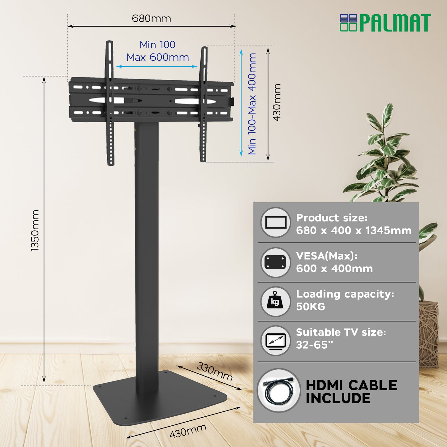 PALMAT Universal Floor TV Stand with Mount and Wire Management | Adjustable Television Stand for 32” to 65” Telly, Max 50KG