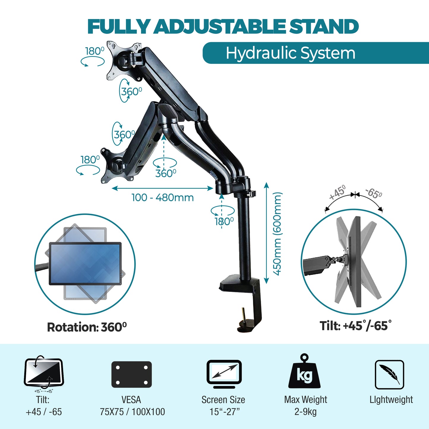 PALMAT® Dubbele Monitor Arm – Metalen Beeldscherm Beugel – Monitorarm - 2 Schermen - Kantelbaar, Draaibaar en Wendbaar – Thuiswerken - 17 tot 27 Inch - Zwart