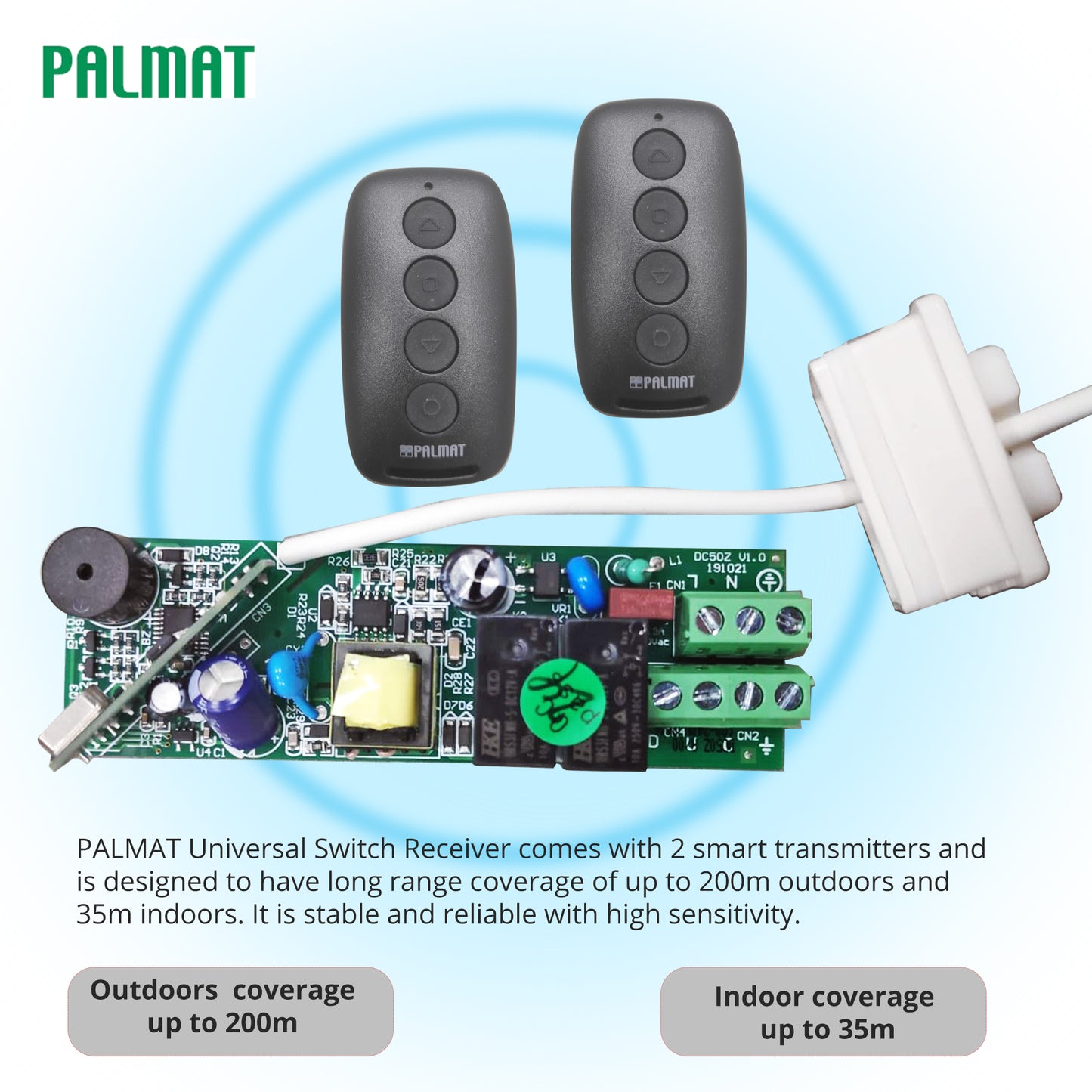 PALMAT Universal Wireless Relay Module 220V 1CH Remote Control Light Switch Receiver RF 433 Mhz with 2 Smart Transmitters for Entrance Control, Car Light 200m Long Range Outdoor 1 Receiver