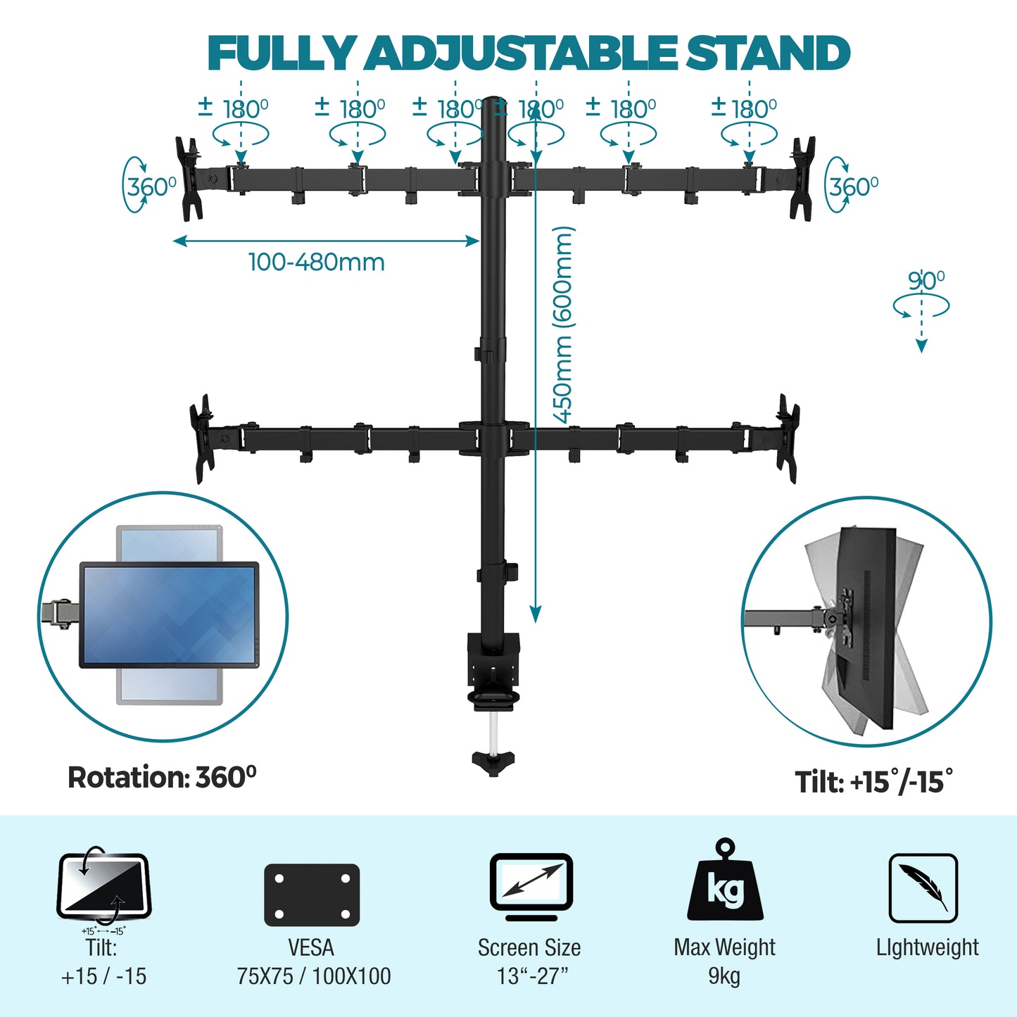 PALMAT - Support d'Ecran à Quatre Bras - Pour Ecrans de 13 à 27", Pince pour Support d'Ecran, Inclinaison, Pivotement et Rotation de 180°, Tige de 80 cm et Pince de Bureau