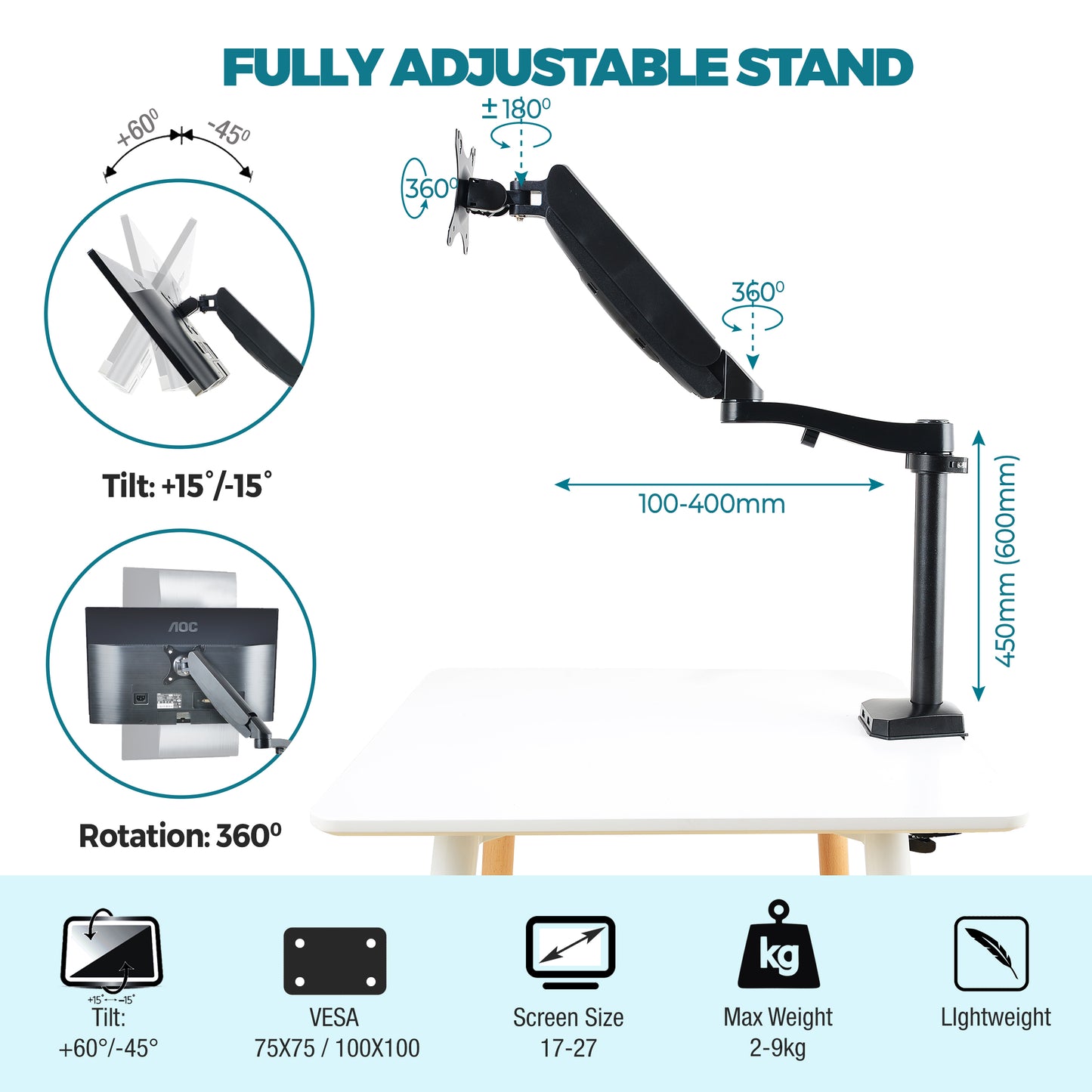 PALMAT® Professionele Monitor Arm – Metalen Beeldscherm Beugel – Monitorarm - 1 Scherm - Kantelbaar, Draaibaar en Wendbaar – Thuiswerken - 17 tot 27 Inch - Zwart