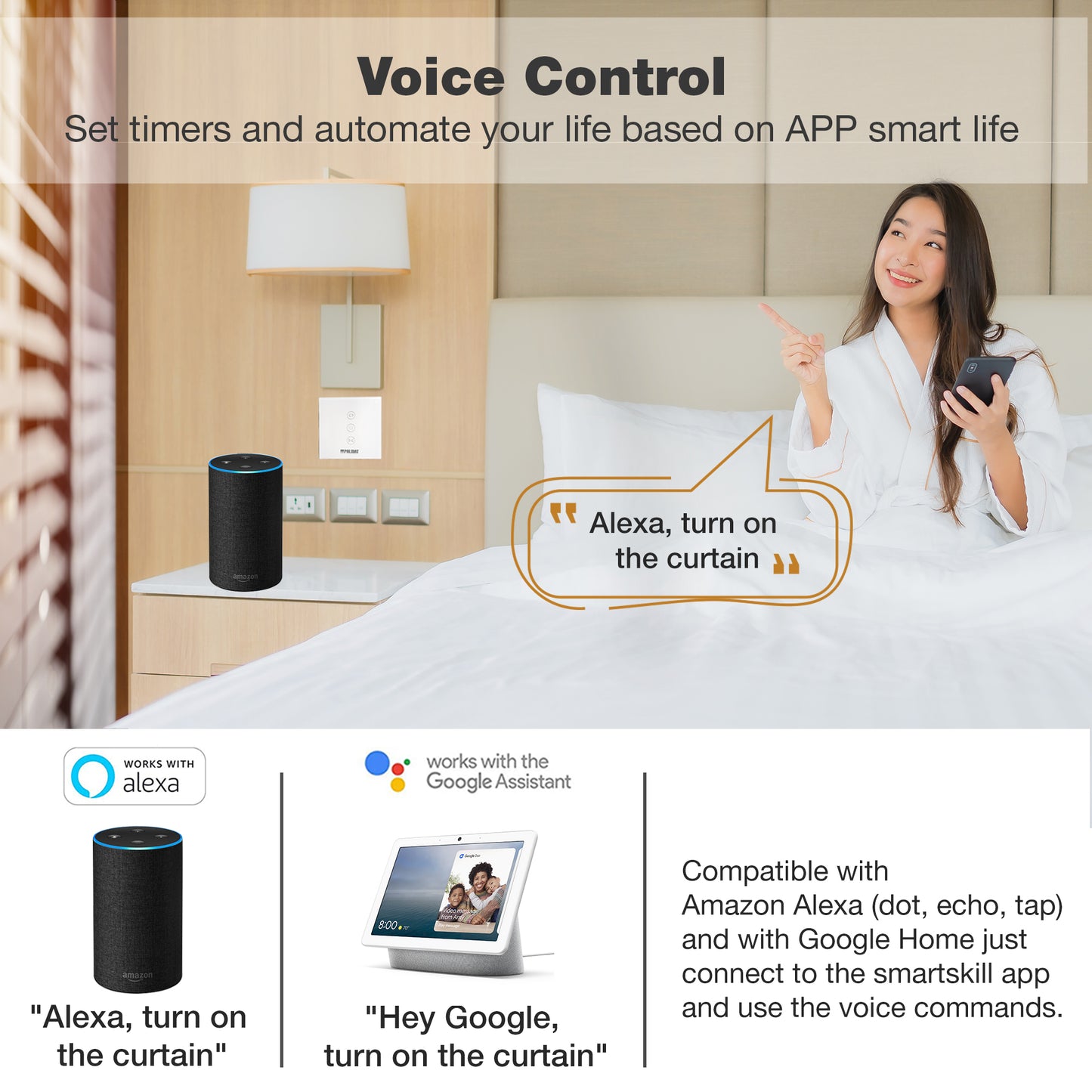 PALMAT Smart Package with Curtain Switch Remote Control and Voice Control for Motor Door, Shutters or Blinds Switch Compatible with Alexa and Google Home with App Plus Tubular Motor for Roller Shutters