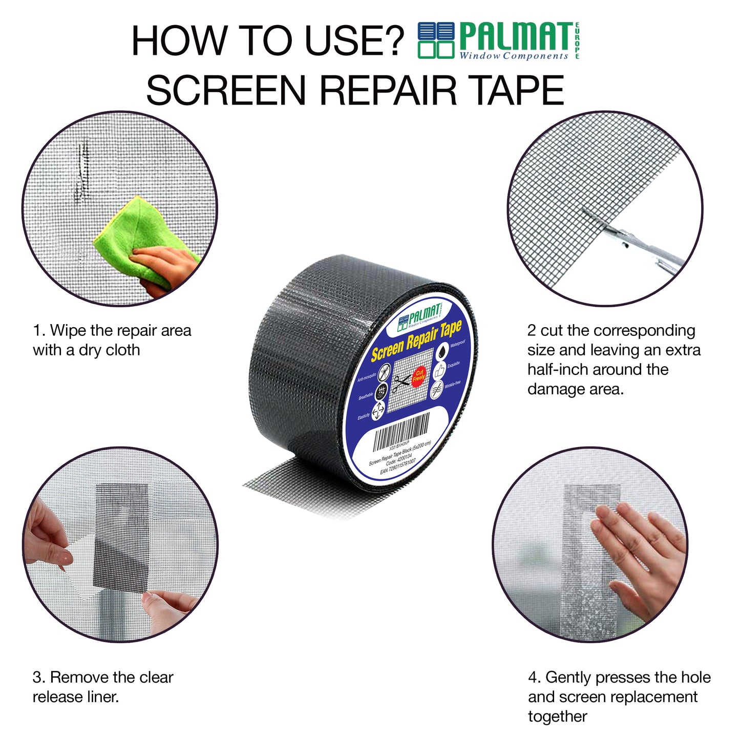 PALMAT Fly Screen Patch Repair Kit for Insect, Patches and Covering Holes & Tears Instantly, Waterproof and Heat Resistant for Outdoor and Indoor Use, 5 x 200cm