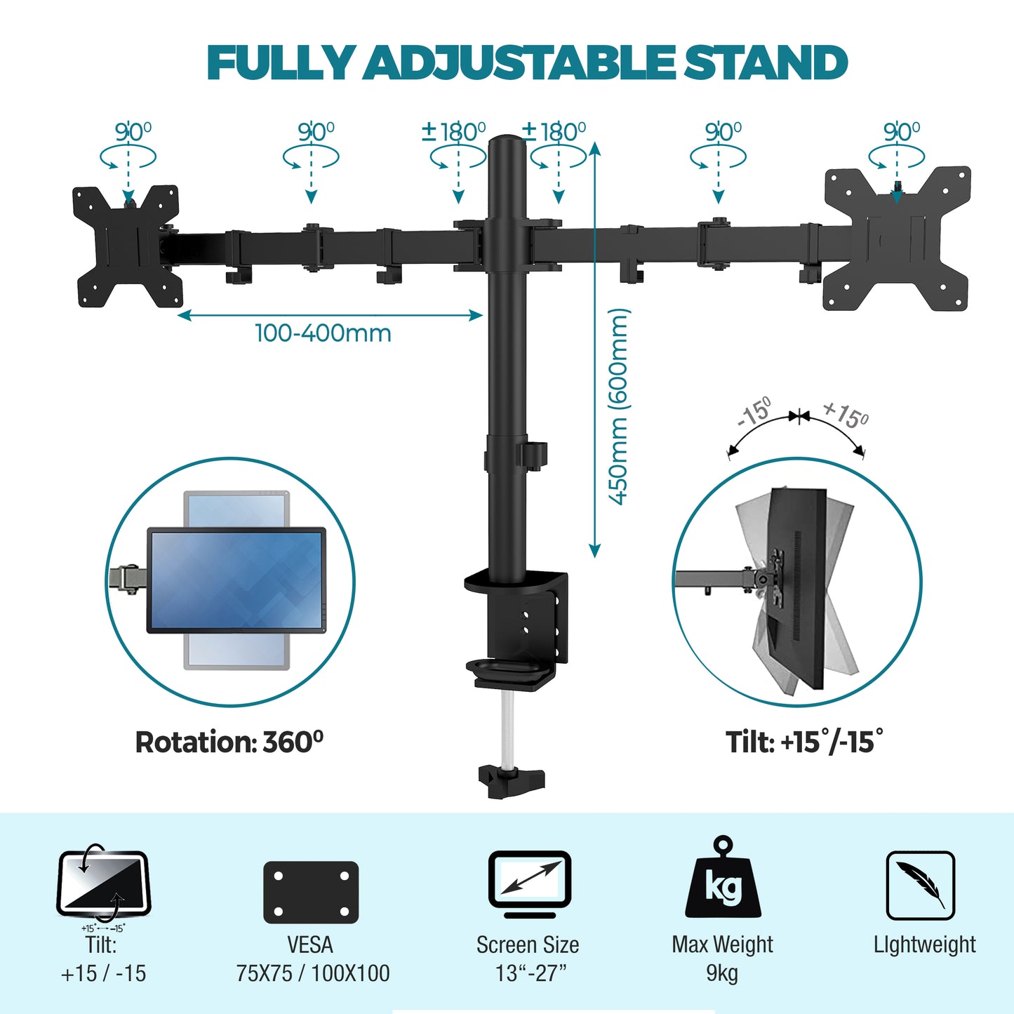 PALMAT Dubbele arm monitor met 360° draaibare bevestiging voor 13-27 inch schermen VESA 75/100mm met bureauklem