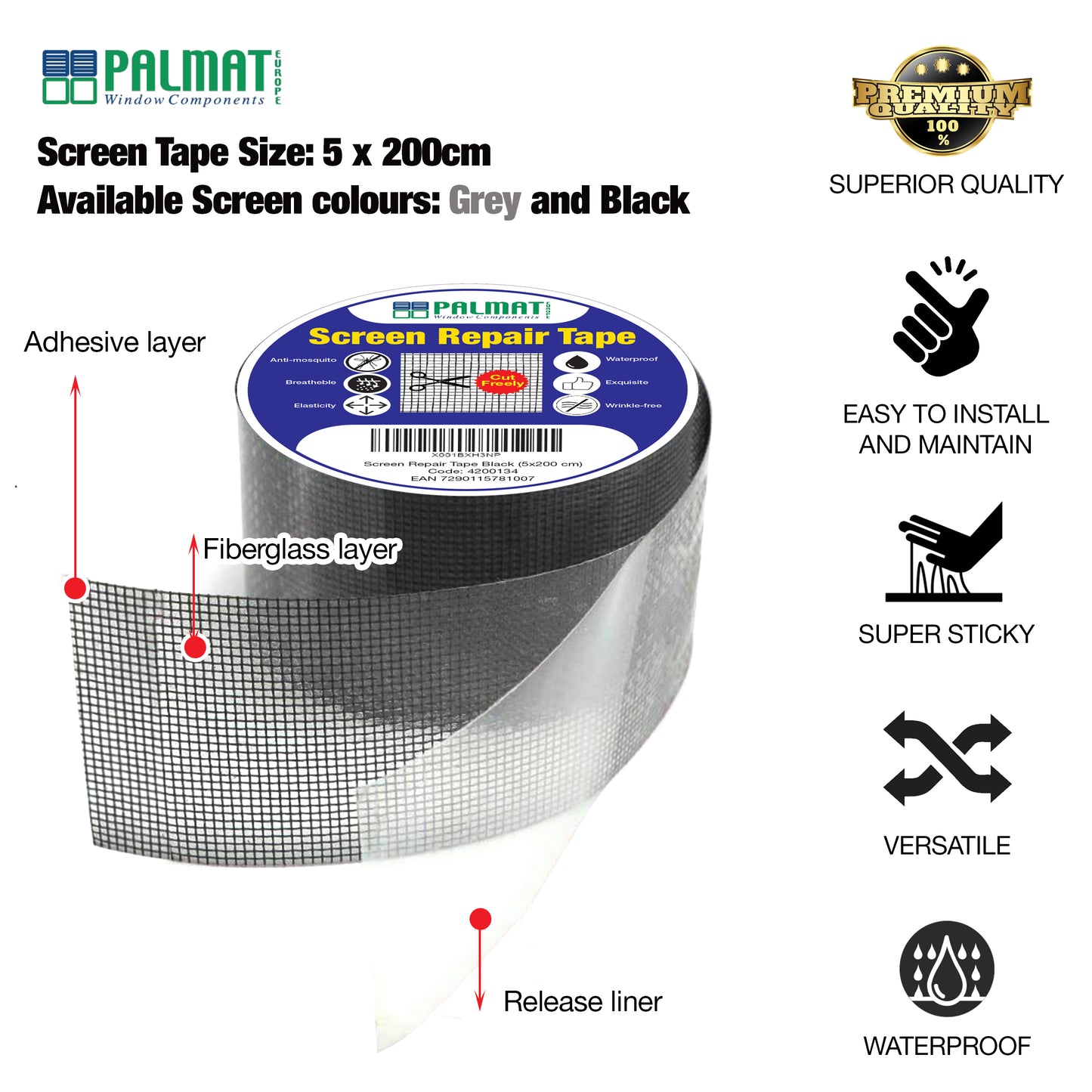 PALMAT Fly Screen Patch Repair Kit for Insect, Patches and Covering Holes & Tears Instantly, Waterproof and Heat Resistant for Outdoor and Indoor Use, 5 x 200cm