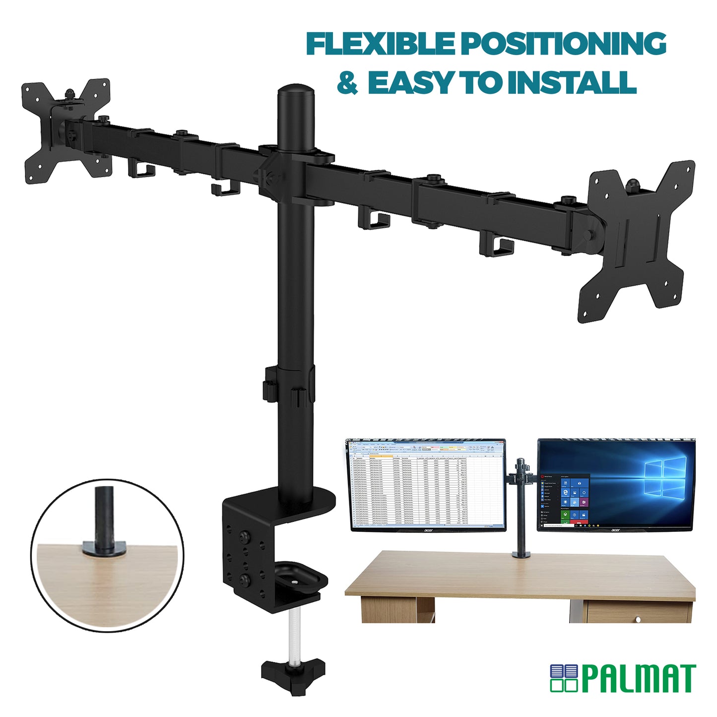 PALMAT Dubbele arm monitor met 360° draaibare bevestiging voor 13-27 inch schermen VESA 75/100mm met bureauklem