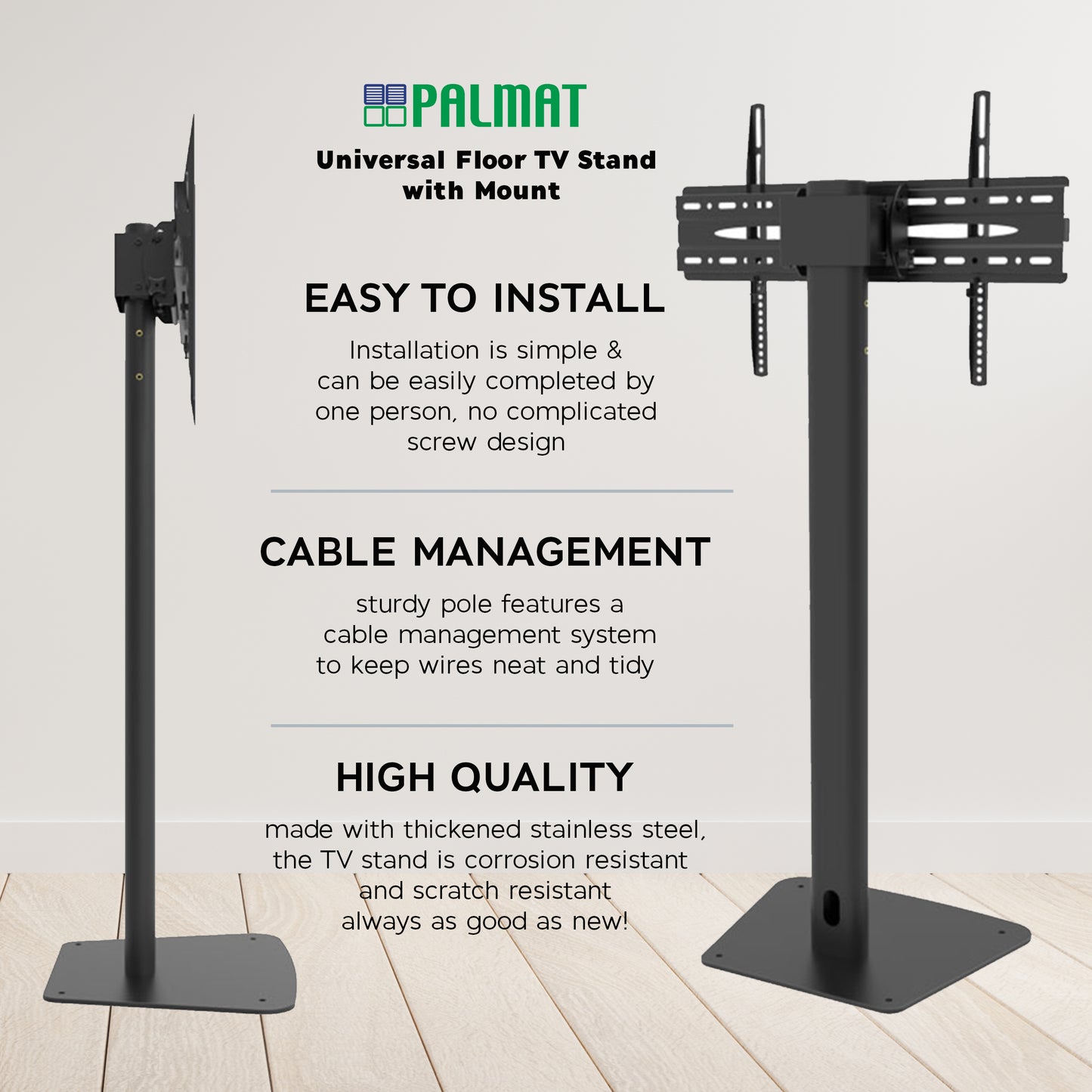 PALMAT Universal Floor TV Stand with Mount and Wire Management | Adjustable Television Stand for 32” to 65” Telly, Max 50KG