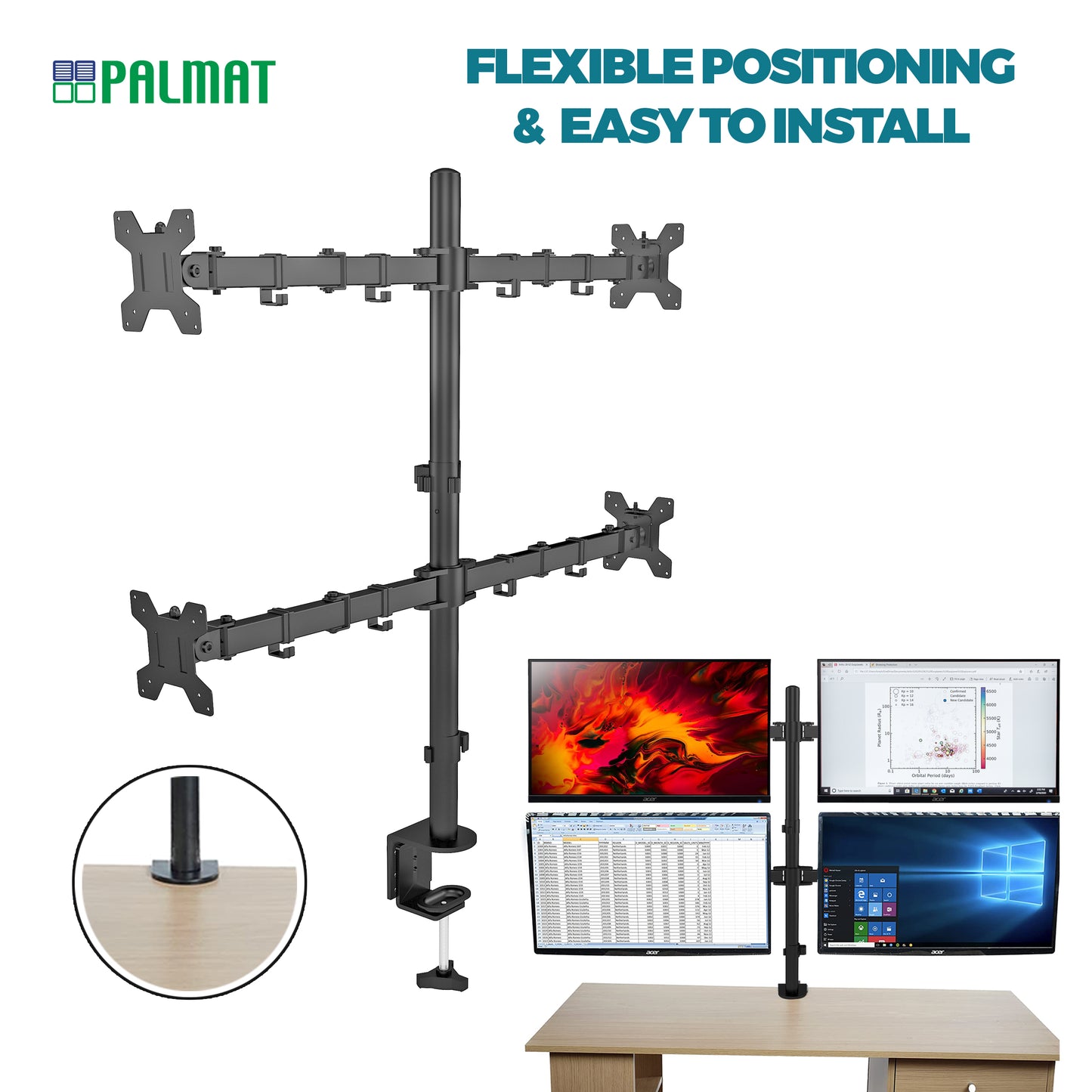 PALMAT - Support d'Ecran à Quatre Bras - Pour Ecrans de 13 à 27", Pince pour Support d'Ecran, Inclinaison, Pivotement et Rotation de 180°, Tige de 80 cm et Pince de Bureau
