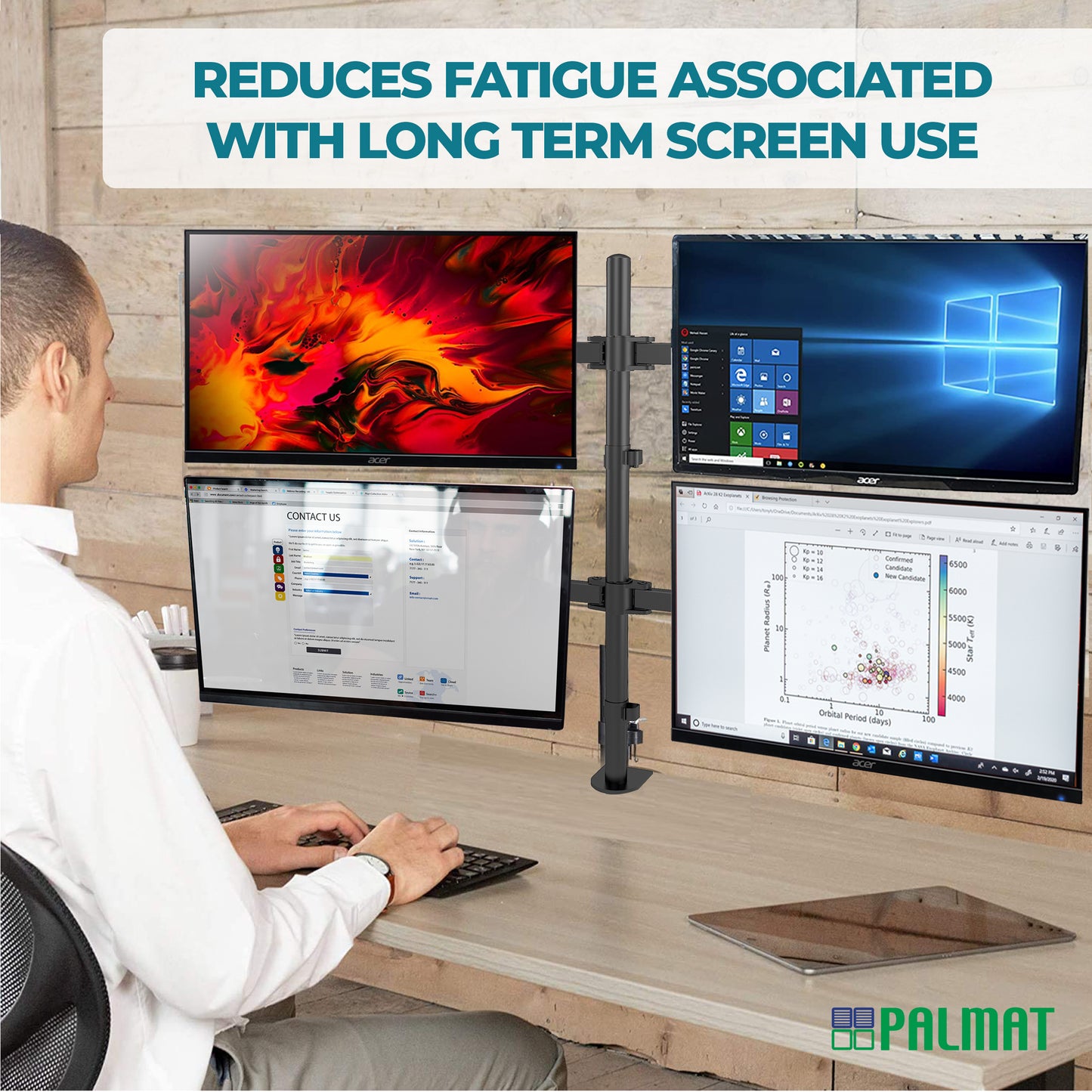PALMAT - Support d'Ecran à Quatre Bras - Pour Ecrans de 13 à 27", Pince pour Support d'Ecran, Inclinaison, Pivotement et Rotation de 180°, Tige de 80 cm et Pince de Bureau