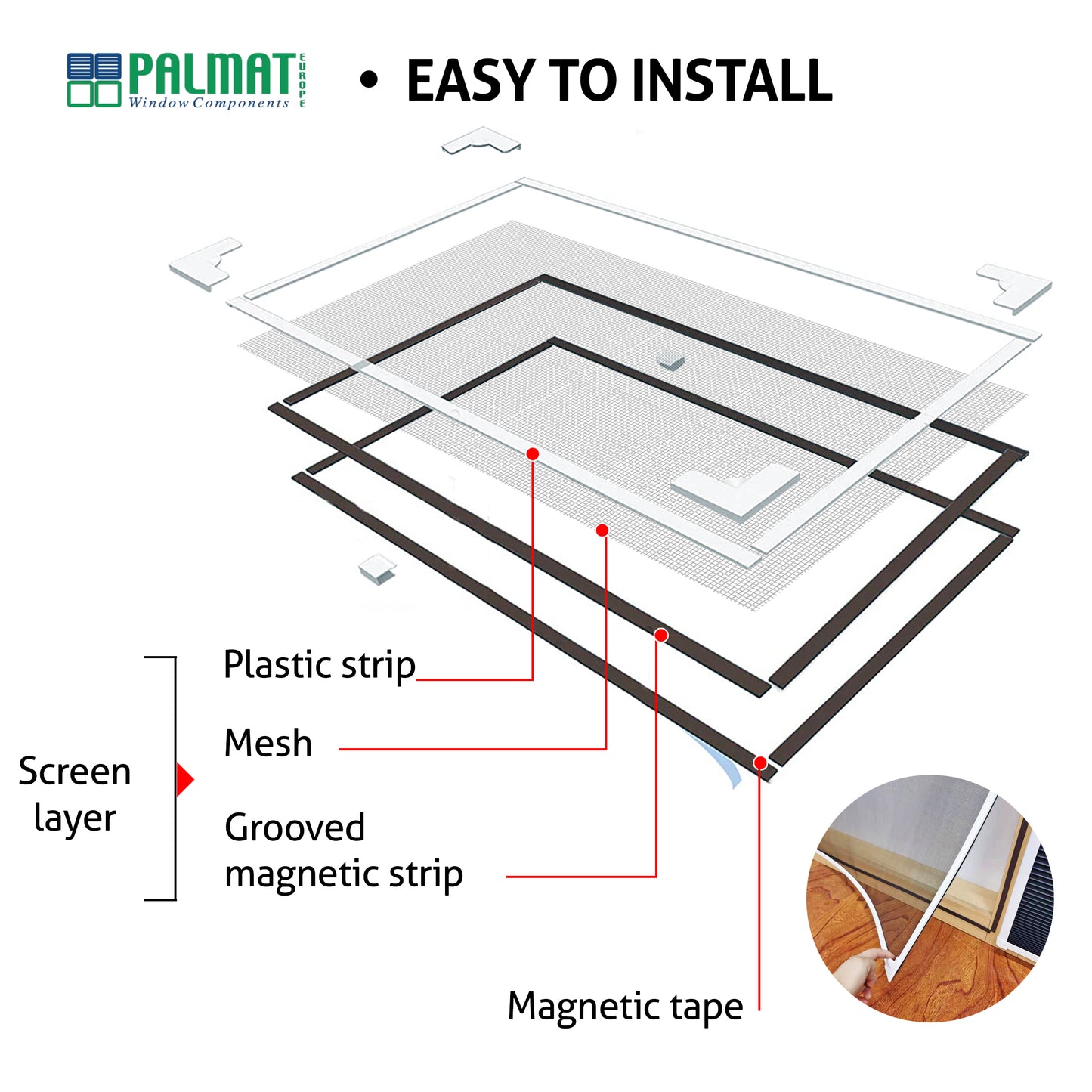 PALMAT Magnetic Insect Screen Adjustable DIY Easy Install Fits Many Size Window with Coloured Frame and Black Net Keeps Flies Mosquitos Out