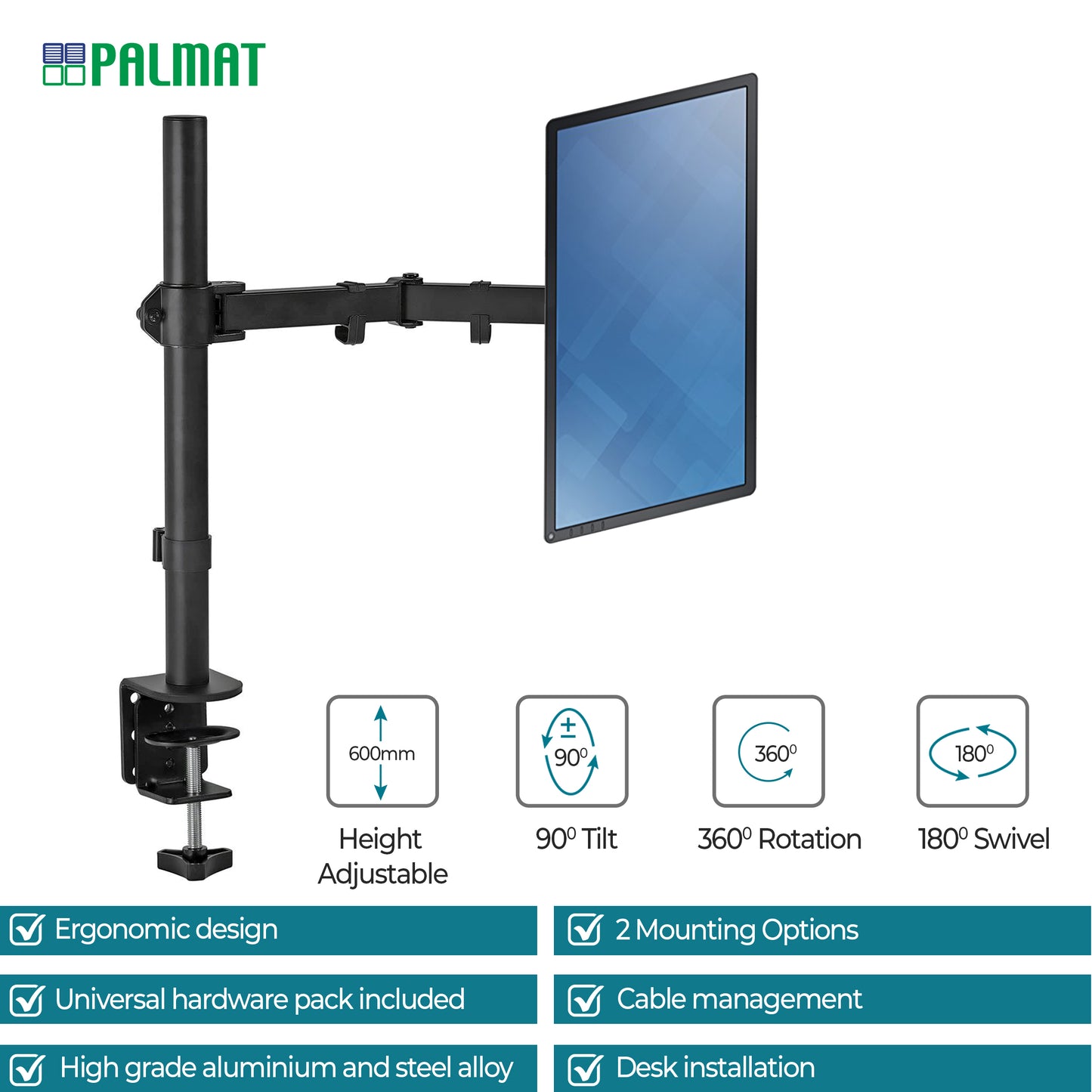 PALMAT 13-27” Single Monitor Mount, Height Adjustable Arm for LCD LED Screens, 2 Mounting Options, VESA Dimensions 75/100 Weight up to 9kg with Desk Clamp