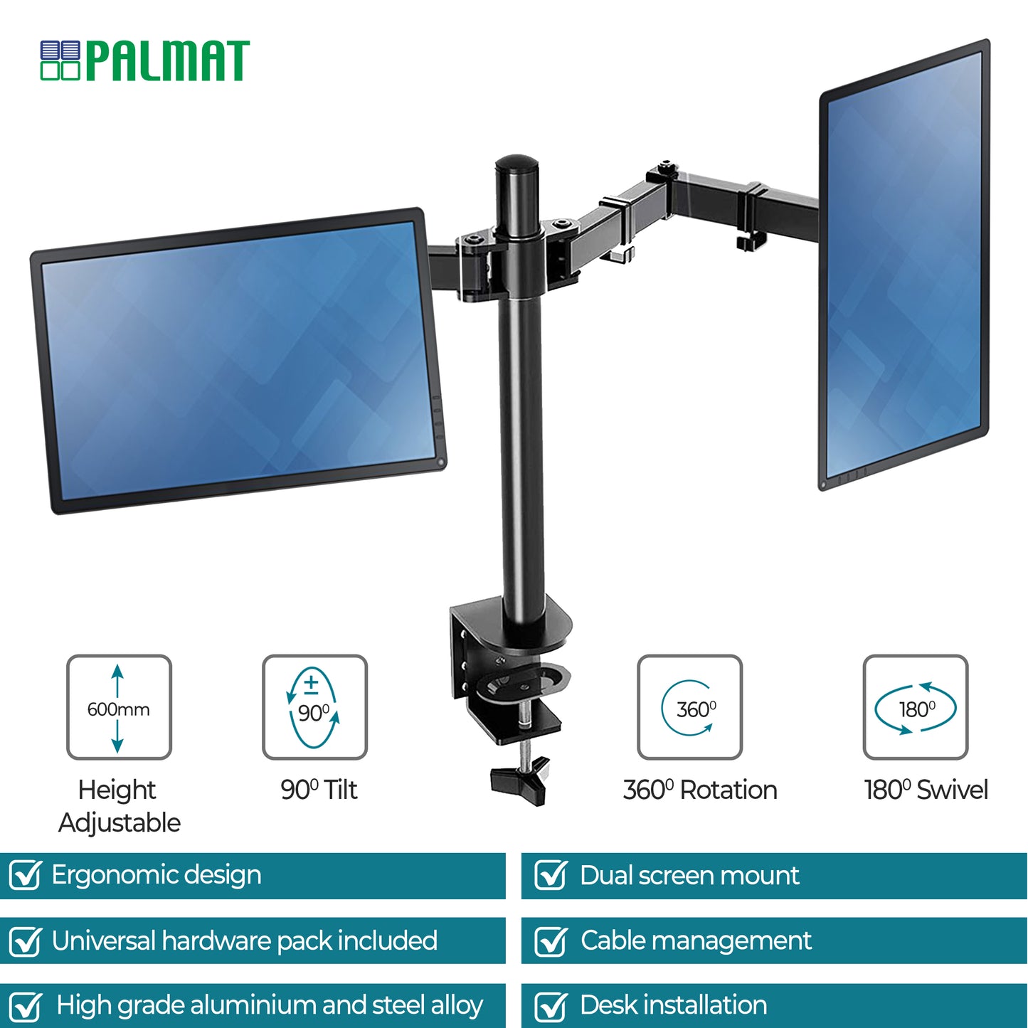 PALMAT Dubbele arm monitor met 360° draaibare bevestiging voor 13-27 inch schermen VESA 75/100mm met bureauklem