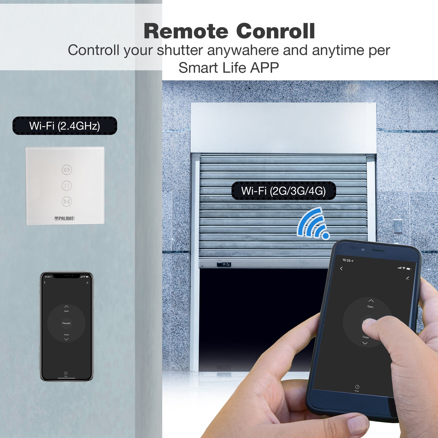 PALMAT Smart Package with Curtain Switch Remote Control and Voice Control for Motor Door, Shutters or Blinds Switch Compatible with Alexa and Google Home with App Plus Tubular Motor for Roller Shutters