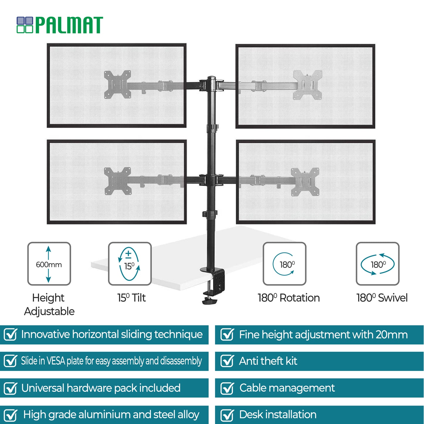 PALMAT - Support d'Ecran à Quatre Bras - Pour Ecrans de 13 à 27", Pince pour Support d'Ecran, Inclinaison, Pivotement et Rotation de 180°, Tige de 80 cm et Pince de Bureau