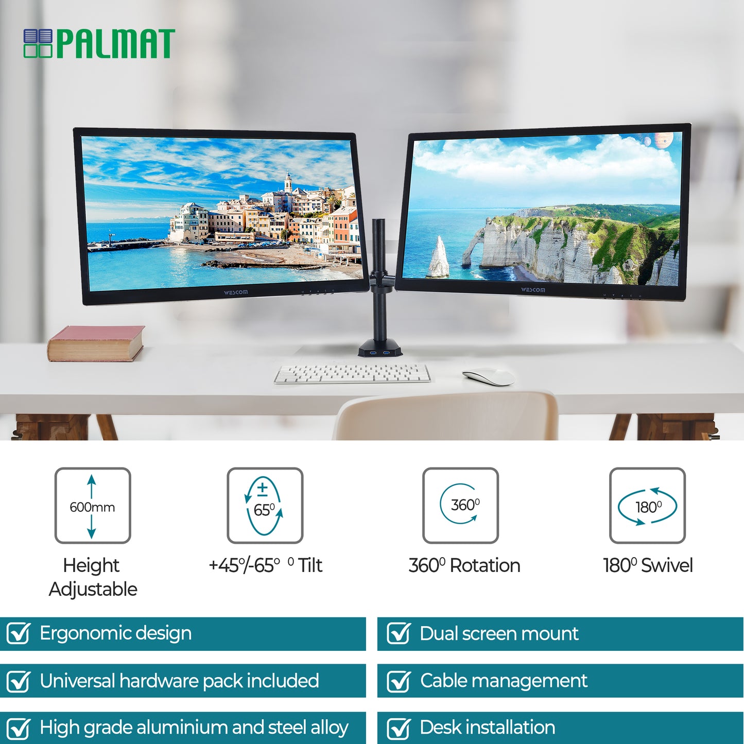 PALMAT® Dubbele Monitor Arm – Metalen Beeldscherm Beugel – Monitorarm - 2 Schermen - Kantelbaar, Draaibaar en Wendbaar – Thuiswerken - 17 tot 27 Inch - Zwart