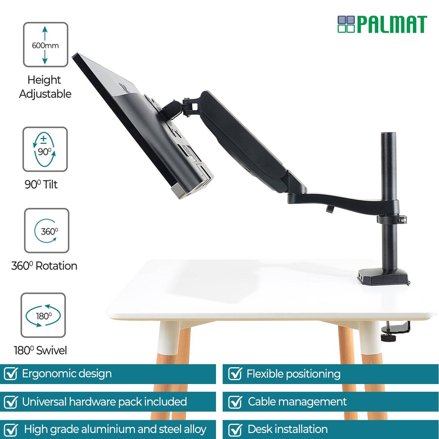 PALMAT® Professionele Monitor Arm – Metalen Beeldscherm Beugel – Monitorarm - 1 Scherm - Kantelbaar, Draaibaar en Wendbaar – Thuiswerken - 17 tot 27 Inch - Zwart