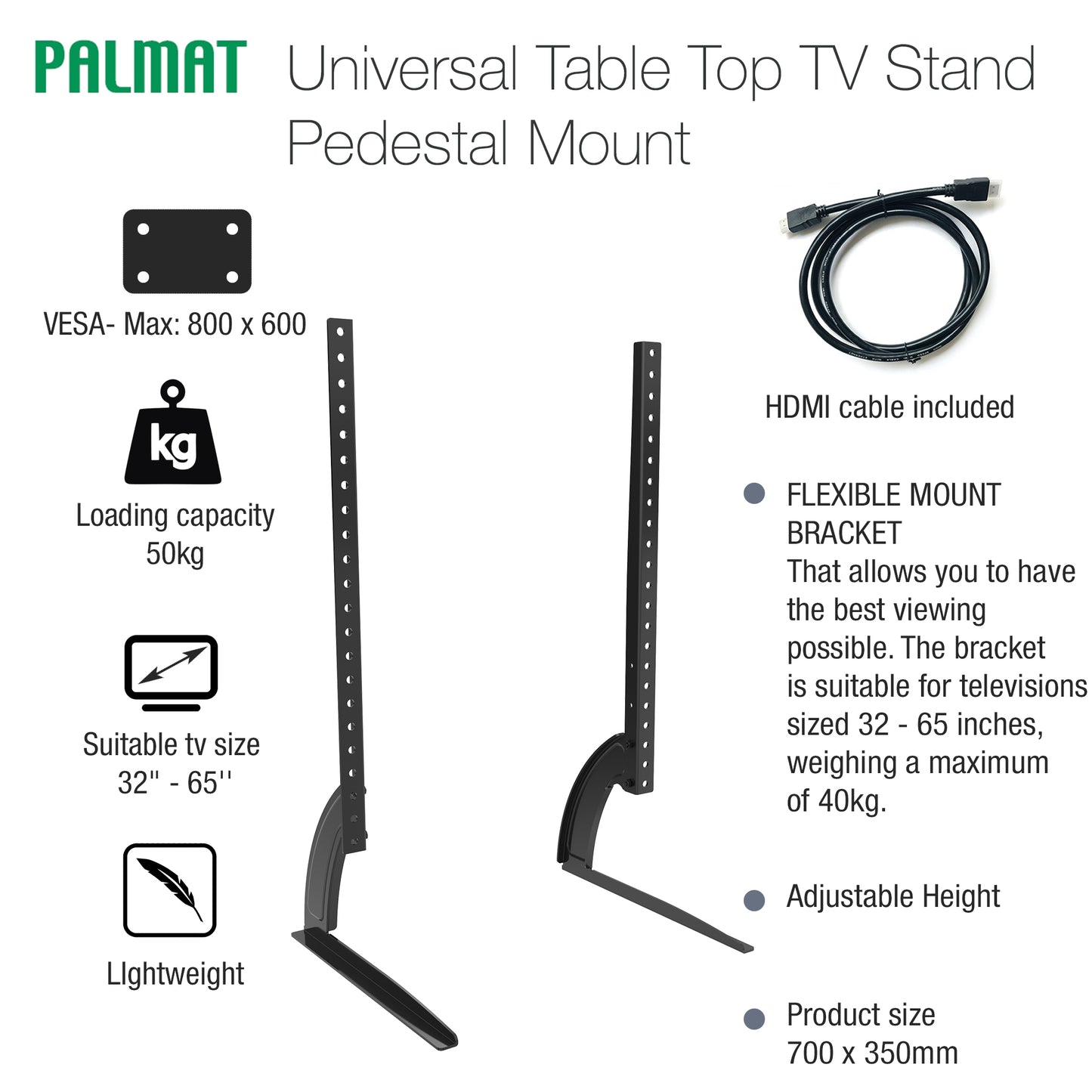 PALMAT Universal Table Top TV Stand Pedestal Mount Pedestal Television Bracket 32 - 65 Inch VERSA 800 x 600mm