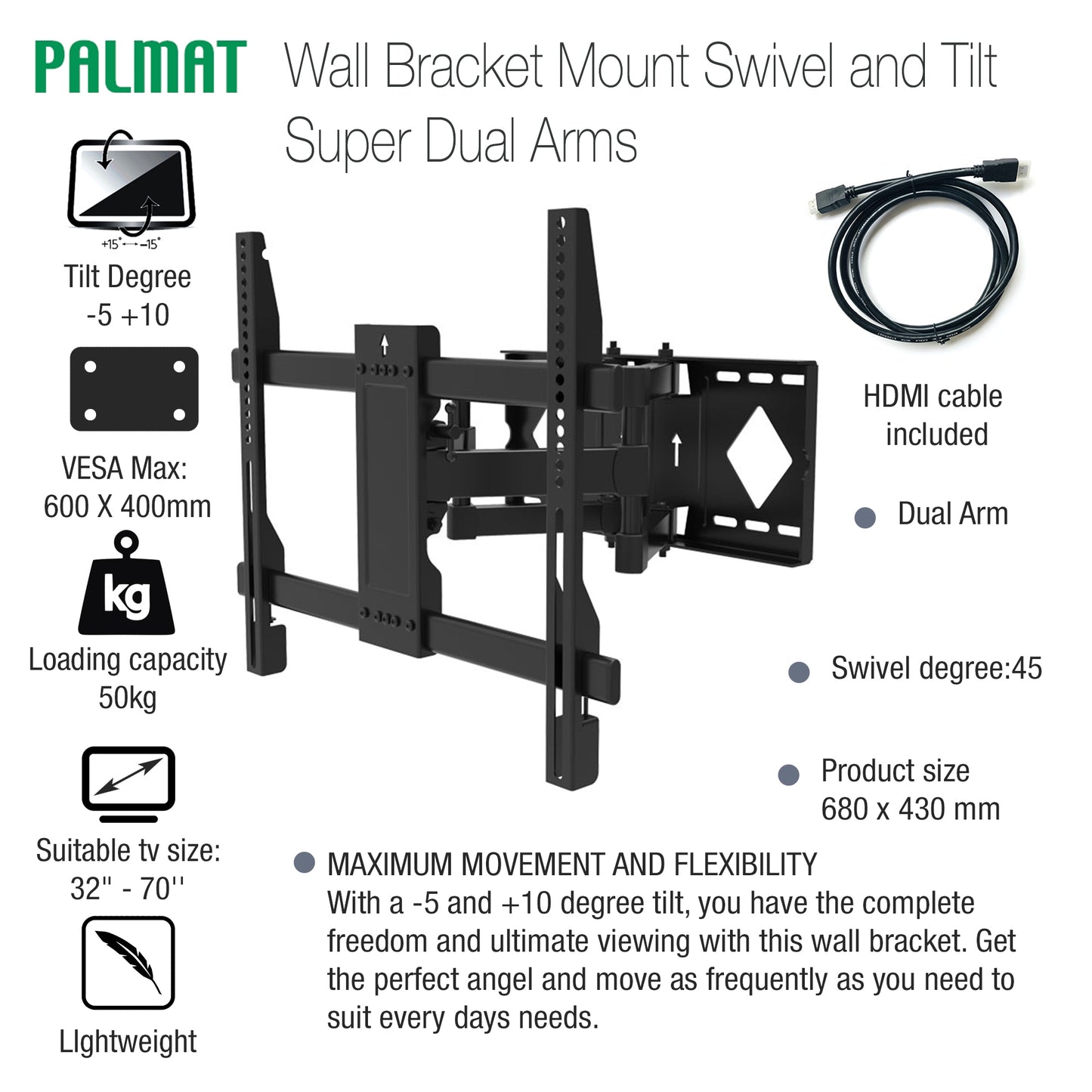 PALMAT TV-muurbeugelsteun Draaibaar en kantelbaar Super Dual Arms 32-70 inch VERSA 600 x 400 mm