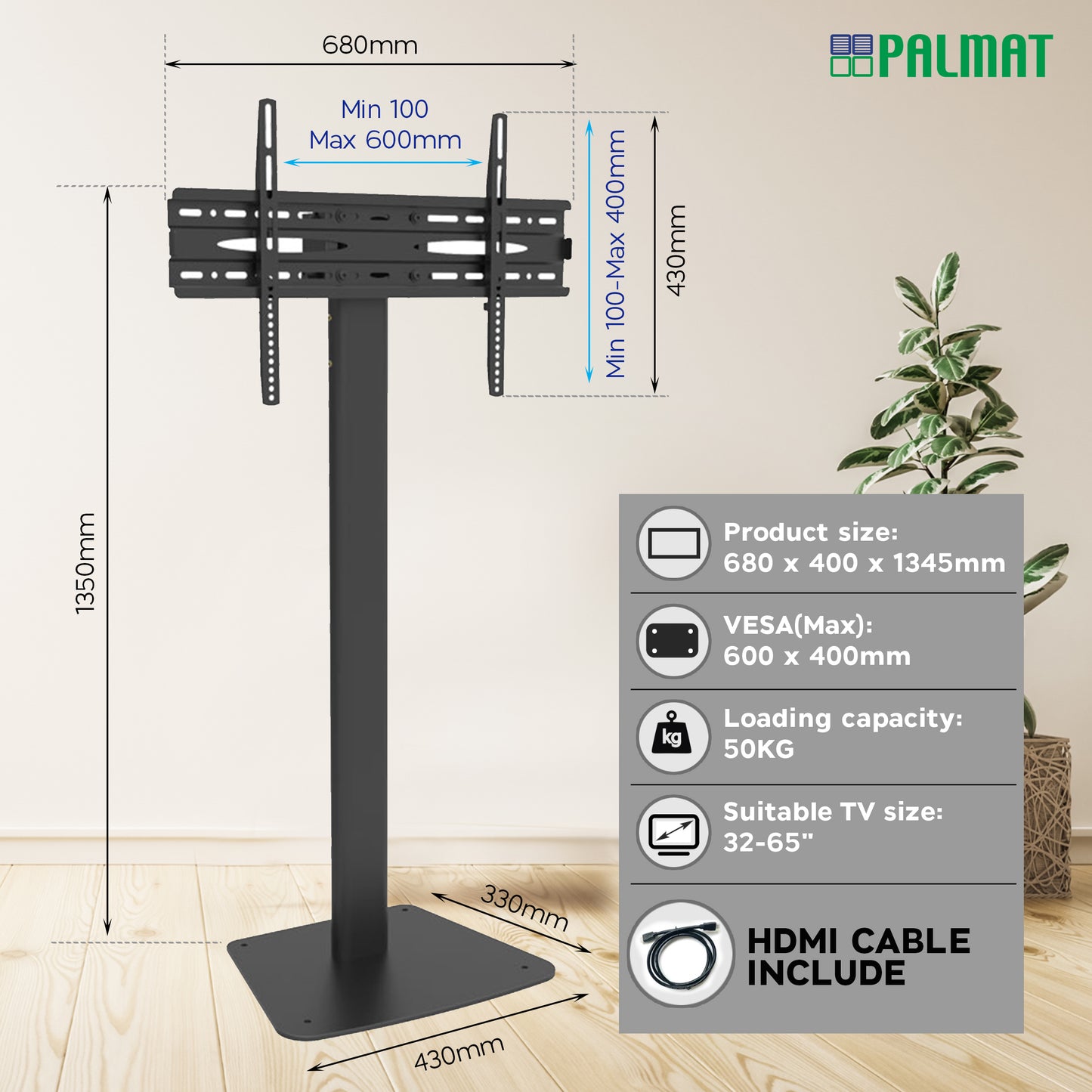 PALMAT Universal Floor TV Stand with Mount and Wire Management | Adjustable Television Stand for 32” to 65” Telly, Max 50KG