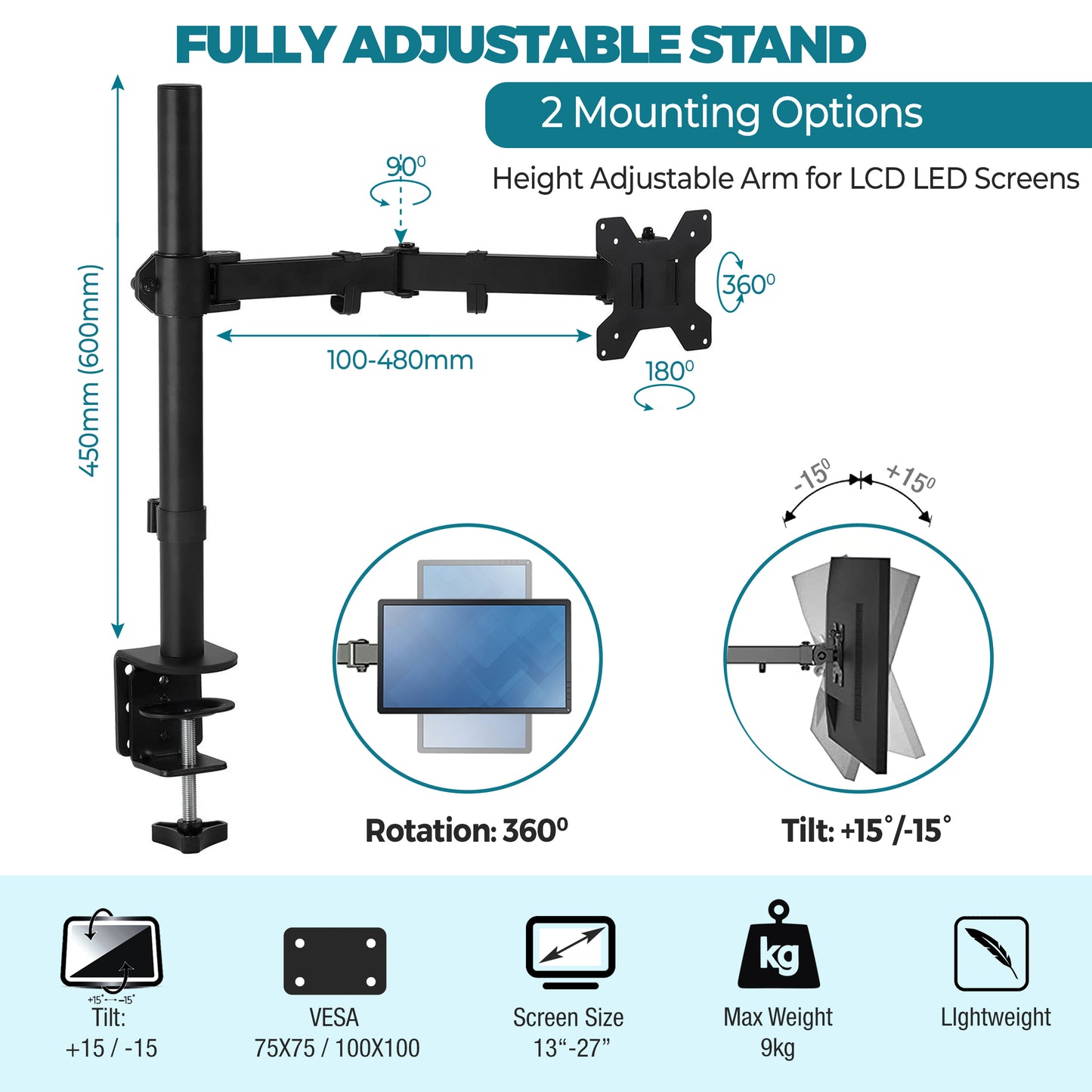 PALMAT 13-27” Single Monitor Mount, Height Adjustable Arm for LCD LED Screens, 2 Mounting Options, VESA Dimensions 75/100 Weight up to 9kg with Desk Clamp