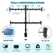 PALMAT Quad Monitor Arm for 13-27” Screens Monitor Clamp Tilt Swivel 180 Rotation 80cm Pole and Desk Clamp