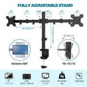 PALMAT Dual Arm Monitor with 360° Rotatable Mount for 13-27 inch Screens VESA 75/100mm with Desk Clamp