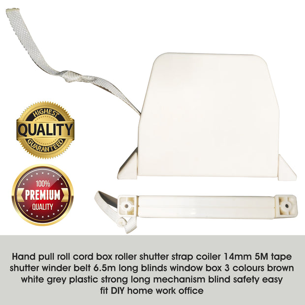PALMAT Roller Shutter Strap Coiler Hand Pull Roll Cord Screw on Winder White Box Case Suitable for 14mm, 5 Metres Tape