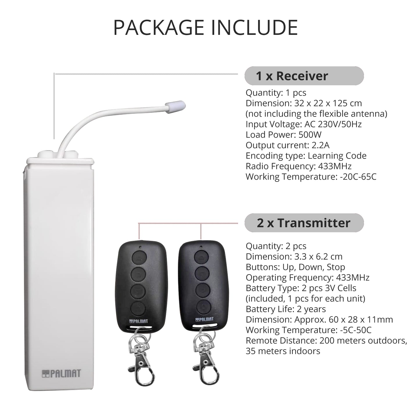 PALMAT Universal Wireless Relay Module 220V 1CH Remote Control Light Switch Receiver RF 433 Mhz with 2 Smart Transmitters for Entrance Control, Car Light 200m Long Range Outdoor 1 Receiver