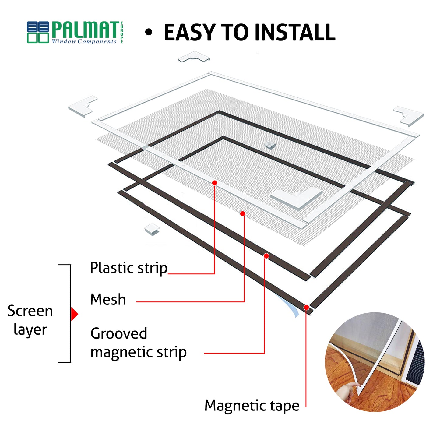PALMAT - Moustiquaire magnétique ajustable - Facile à installer, Adaptée à plusieurs de fenêtres dimensions ajustables, Pour vous protéger des mouches et des moustiques, Avec Cadre coloré, Filet noir