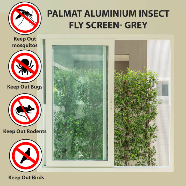 PALMAT Grey Fiberglass Insect Screen, Keep Out Bugs, Flies, Mosquitoes - for Windows and Doors, Internal and External Installation