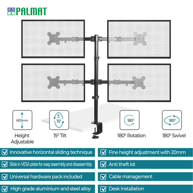 PALMAT - Vierfach-Monitorhalter für 13-27" Bildschirme - Monitorhalterung, Neigen, Schwenken, 180° Rotation, 80 cm Stange und Schreibtischklemme