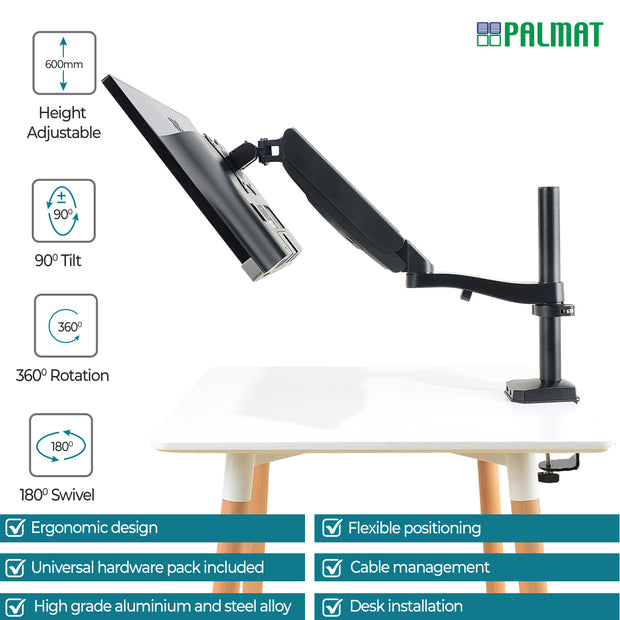 PALMAT Single Arm Monitor with 360° Rotatable Mount for 17-27 inch Curved Screens VESA 75/100mm with Desk Clamp
