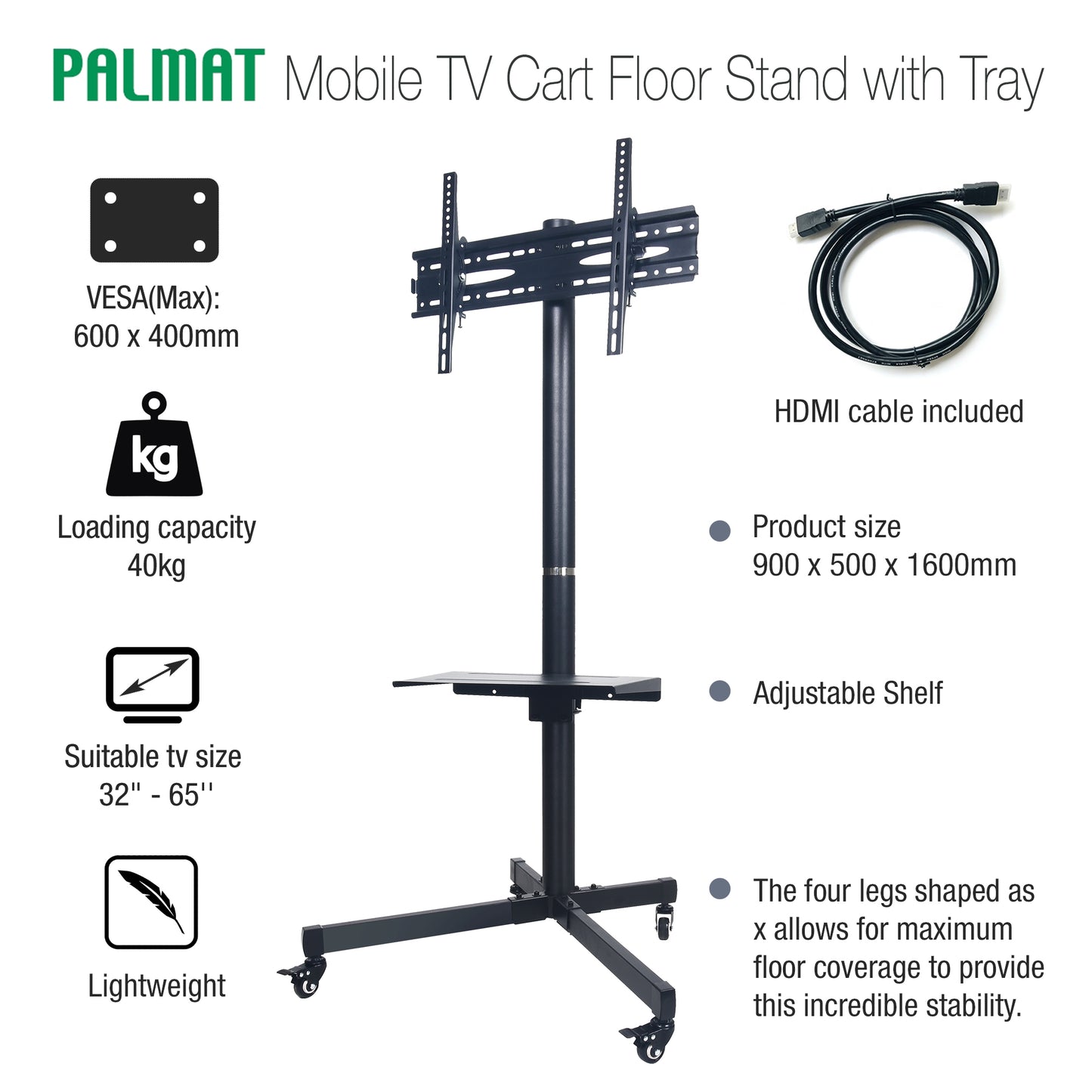 PALMAT Mobile TV Cart Floor Stand with Tray Home Display Trolley Bracket Television Mount for 32-65 inch VERSA 600x400mm