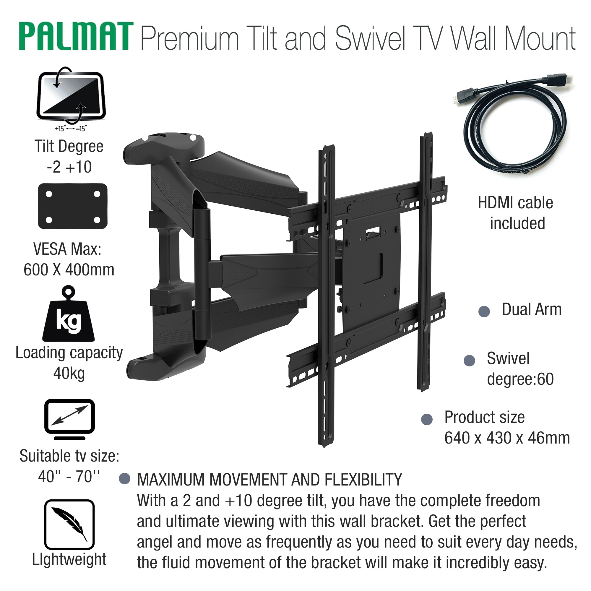 PALMAT Premium Tilt and Swivel TV Wall Mount Double Arm Long Reach