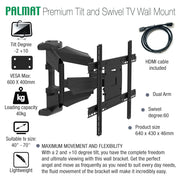 PALMAT Premium Tilt and Swivel TV Wall Mount Double Arm Long Reach 40 - 70 Inches VERSA 600x400mm