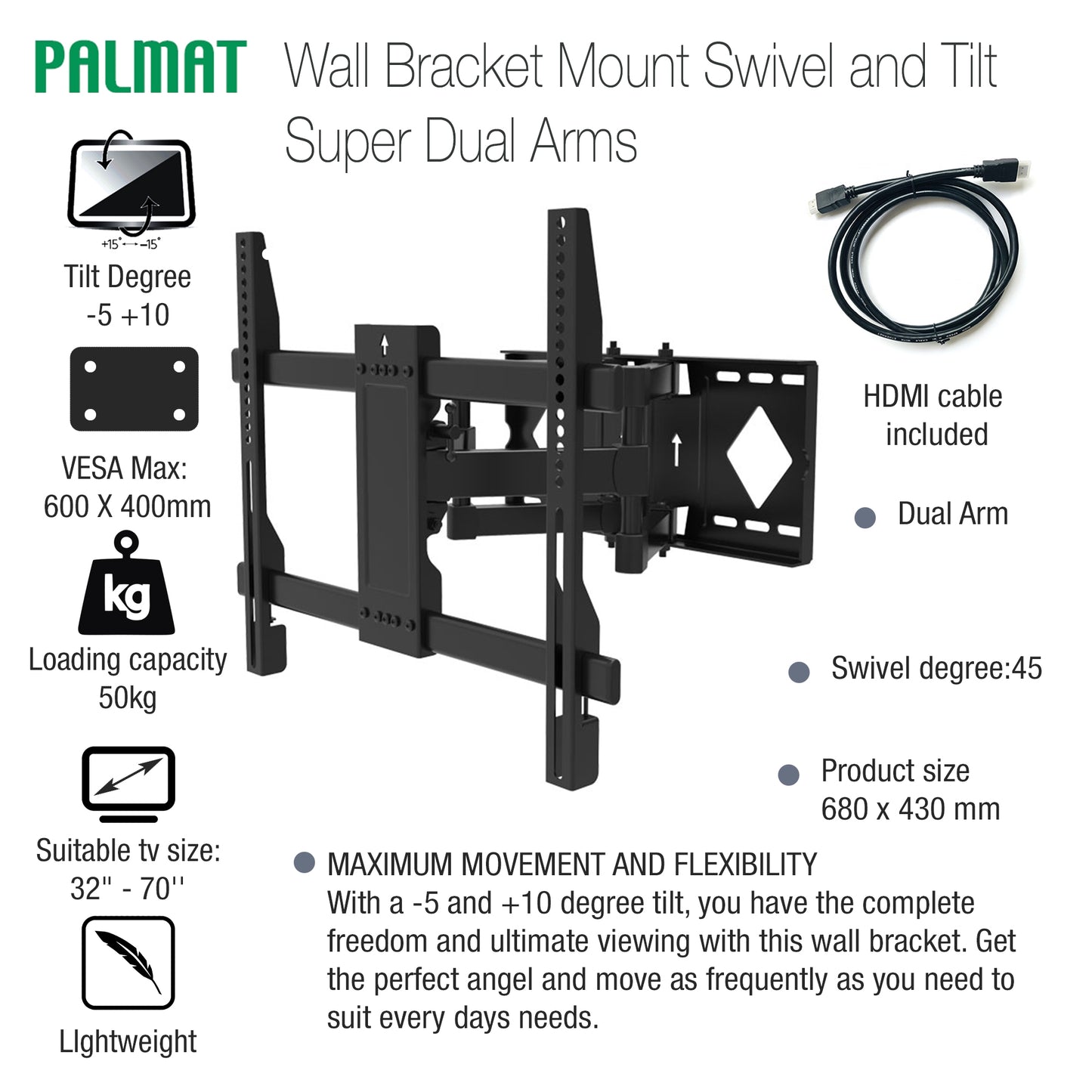 PALMAT TV Wall Bracket Mount Swivel and Tilt Super Dual Arms 32 - 70 inches VERSA 600 x 400mm